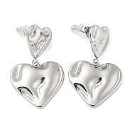 304 Stainless Steel Dangle Stud Earrings, Textured Heart, Stainless Steel Color, 31x19.5mm(EJEW-P253-01P)