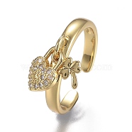 Adjustable Brass Micro Pave Clear Cubic Zirconia Cuff Rings, Open Rings, Long-Lasting Plated, Clover & Heart Lock, Real 18K Gold Plated, 3mm, Inner Diameter: 17.8mm(ZIRC-Z002-05G)