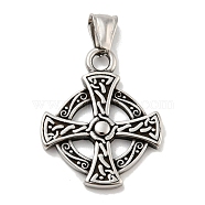 304 Stainless Steel Pendants, Flat Round with Cross, Antique Silver, 34x27x3mm, Hole: 5.5x6mm(STAS-E140-D05-01)