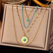 304 Stainless Steel Multi Layered Necklaces, Synthetic Turquoise and Glass Bead Necklaces, Flat Round, Golden, 15.83 inch(40.2cm)(NJEW-P302-05G)