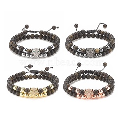 2Pcs 2 Style Natural Obsidian & Synthetic Hematite Braided Bead Bracelets Set with Cubic Zirconia Leopard, Gemstone Jewelry for Women, Mixed Color, Inner Diameter: 2-1/4~3-3/8 inch(5.7~8.5cm), 1Pc/style(BJEW-JB08119)