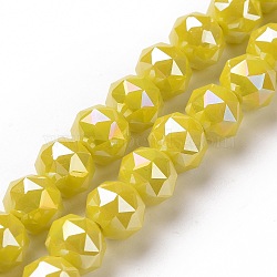 Electroplate Opaque Glass Beads Strands, AB Color Plated, Faceted, Round, Gold, 8x7.5mm, Hole: 1.5mm, about 71~72pcs/strand, 20.87''(53cm)(EGLA-H101-02B)