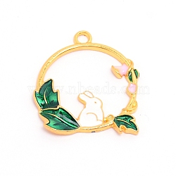 Alloy Enamel Pendants, Flat Round with White Rabbit and Green Leaf, Cadmium Free & Lead Free, Golden, 25x22x2.5mm, Hole: 2mm(ENAM-WH0047-68G-RS)