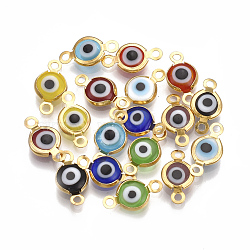 Handmade Evil Eye Lampwork Links connectors, with 304 Stainless Steel Findings, Flat Round, Golden, Mixed Color, 12.5x7x2.5mm, Hole: 1.5mm(STAS-T041-02G)