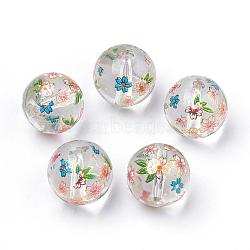 Printed Glass Beads, Round with Flower Pattern, Clear, 11~12x11mm, Hole: 1.5mm(GFB-Q001-12mm-A01)