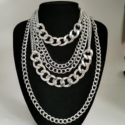 Punk Alloy & Aluminum Cuban Link Chain Multi Layered Necklaces for Women, Platinum, 11.81 inch(30cm)(FS-WG4574A-02)