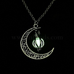 Luminous Alloy Locket Pendant Necklaces, Glow in the Dark, Moon with Pumpkin, Lime, 18.38 inch(46.7cm)(NJEW-F284-05A)