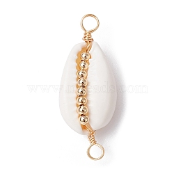 5Pcs Natural Shell Copper Wire Wrapped Connector Charms, with Brass Beads, Golden, 32x13x9mm, Hole: 2.8~3mm(PALLOY-JF02316-03A)