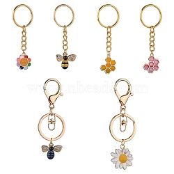 6Pcs Alloy Enamel Pendants Keychain, with Iron & 304 Stainless Steel & Alloy Findings, Bees & Flower & Sunflower & Honeycomb, Mixed Color, 7~9.6cm, 6pcs/set(KEYC-SW00003-03)