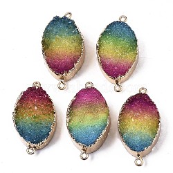 Natural Druzy Agate Links Connectors, with Edge Golden Plated Iron Loops, Dyed, Oval, 37~40x19~20x9.5~11mm, Hole: 1.8mm(G-S359-082)