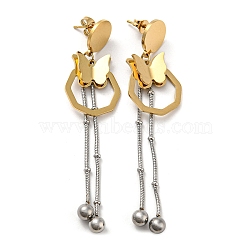 Ion Plating(IP) Two Tone 304 Stainless Steel 3D Butterfly Dangle Stud Earrings, Chains Tassel Earrings, Golden & Stainless Steel Color, 72.5x17.5mm(EJEW-D083-06GP)