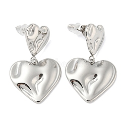 Non-Tarnish 304 Stainless Steel Dangle Stud Earrings, Textured Heart, Stainless Steel Color, 31x19.5mm(EJEW-P253-01P)