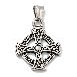 304 Stainless Steel Pendants, Flat Round with Cross, Antique Silver, 34x27x3mm, Hole: 5.5x6mm(STAS-E140-D05-01)