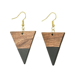 Resin & Walnut Wood Triangle Dangle Earrings, Golden Iron Long Drop Earrings, Black, 57x30.5mm(EJEW-JE05505-05)