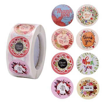 Thank You Stickers, Paper Stickers, Round with Word, Self-Adhesive Gift Tag Labels, Flower Pattern, 6.3x2.95cm, 500pcs/roll