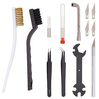 3D Printer Cleanning Tool Sets, Including Tweezers, Derusting Brush & Socket Wrench, Nozzle Cleaner, Service Wrenches, Carving Tools, Mixed Color