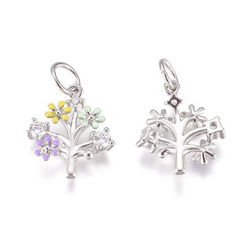 Brass Charms, with Micro Pave Cubic Zirconia, Enamel and Jump Rings, Flower, Colorful, Platinum, 13x12x2.5mm, Hole: 3.5mm