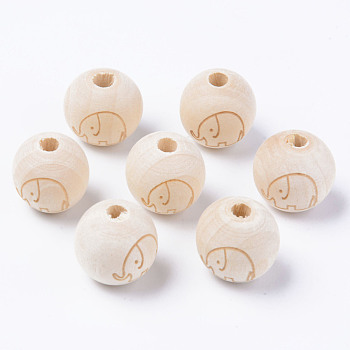 Unfinished Natural Wood European Beads, Large Hole Beads, for DIY Painting Craft, Laser Engraved Pattern, Round with Elephant Pattern, Antique White, 16x14.5mm, Hole: 4mm