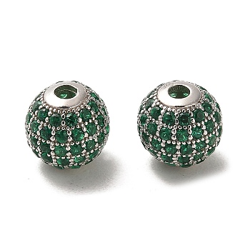 Rhodium Plated 925 Sterling Silver Micro Pave Cubic Zirconia Beads, Round, Real Platinum Plated, Sea Green, 10x9mm, Hole: 2.2mm