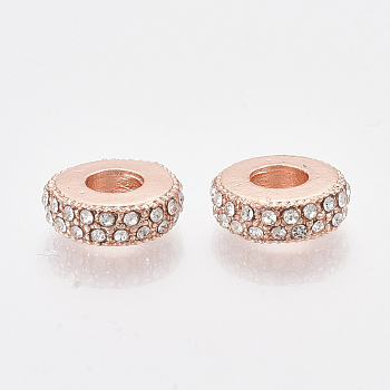 Rose Gold Plated Alloy European Beads, with Rhinestones, Large Hole Beads, Flat Round, Crystal, 11x3.5mm, Hole: 4.5mm