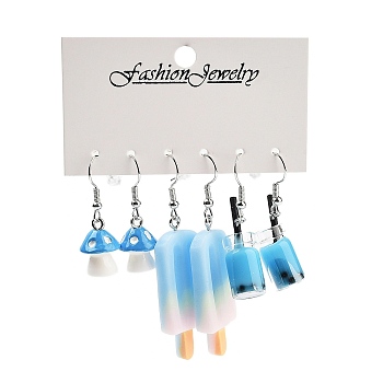 3 Styles Summer Mushroom & Ice Cream & Drink Acrylic Dangle Earring Sets for Women, Deep Sky Blue, 35~60.5x10~15mm, 3 pairs/set