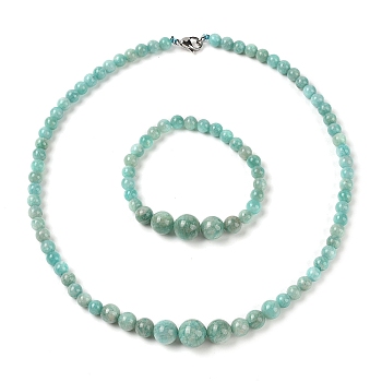 Natural Amazonite Round Beads Bracelets & Necklaces Sets, with 304 Stainless Steel Clasps, 18.70 inch(475mm)