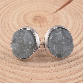 Flat Round 304 Stainless Steel Druzy Resin Ear Studs, Gray, 14x7mm, Pin: 0.7mm