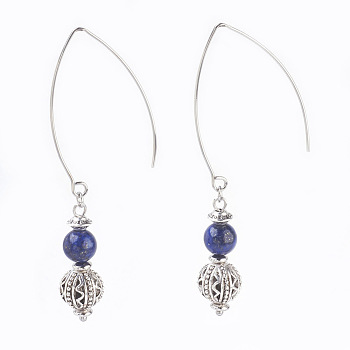 Natural Lapis Lazuli Beads Dangle Earrings, with Alloy Findings and 304 Stainless Steel Earring Hooks, Round, Stainless Steel Color & Antique Silver, 72mm, Pendant: 32x8mm, Pin: 0.7mm