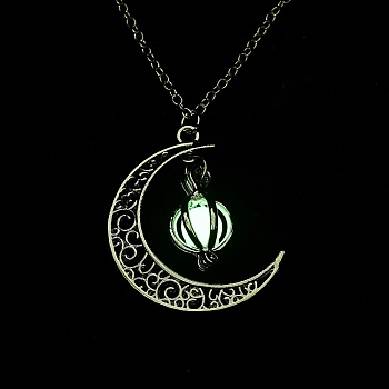Luminous Alloy Locket Pendant Necklaces, Glow in the Dark, Moon with Pumpkin, Lime, 18.38 inch(46.7cm)