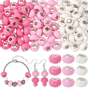 100cs Large Hole Resin European Beads, with Platinum Brass Double Cores, Rondelle, Pink, 14x9mm, Hole: 5mm