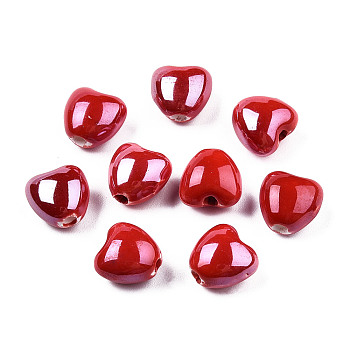 Pearlized Handmade Porcelain Beads, Heart, Red, 10x10x7mm, Hole: 1.8mm