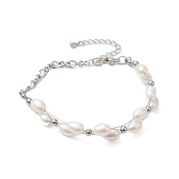 Natural Cultured Freshwater Pearl Bracelets, with 304 Stainless Steel Figaro Chains, Seashell Color, 7-3/4 inch(19.8cm)