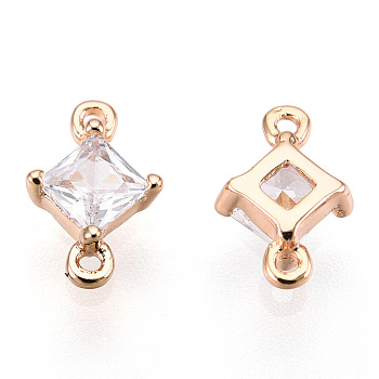 Long-Lasting Plated Brass Cubic Zirconia Links, Clear, Real 18K Gold Plated, Nickel Free, Rhombus, 7.5x5x2.5mm, Hole: 0.5mm