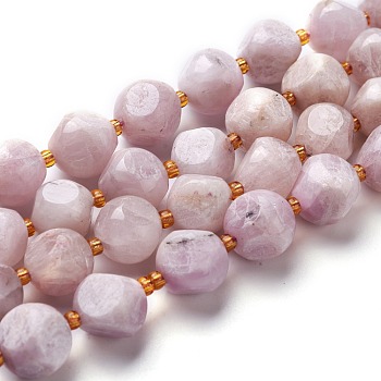 Natural Kunzite Beads Strands, with Seed Beads, Six Sided Celestial Dice, 11.5~12.5x11.5~12.5x11.5~12.5mm, Hole: 0.5mm, about 15pcs/strand, 7.87''(20cm)