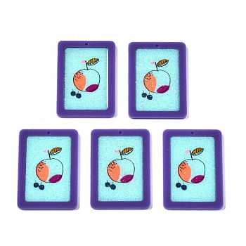 Printed Acrylic Pendants, with Glitter Powder, Rectangle with Apple, Light Blue, 42x30x2.5mm, Hole: 1.4mm