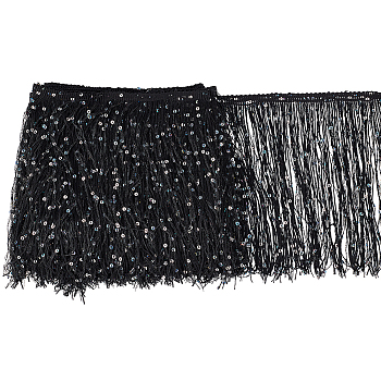 5M Paillette Tassel Polyester Ribbon Trim, Clothes Accessories, Black, 7-7/8 inch(200mm), about 5.47 Yards(5m)/Bag