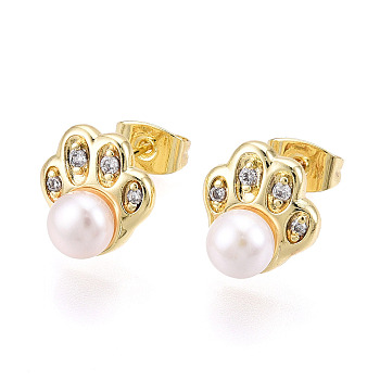 Footprint Brass Natural Pearl Stud Earrings, with 925 Sterling Silver Pins & Clear Cubic Zirconia, Real 18K Gold Plated, 10.5x10.2mm, Pin: 0.7mm, Pearl: 6mm