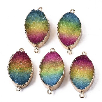 Natural Druzy Agate Links Connectors, with Edge Golden Plated Iron Loops, Dyed, Oval, 37~40x19~20x9.5~11mm, Hole: 1.8mm