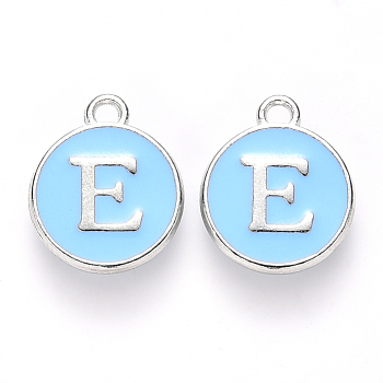 Platinum Plated Alloy Enamel Charms, Cadmium Free & Lead Free, Enamelled Sequins, Flat Round with Letter, Letter.E, 14x12x2mm, Hole: 1.5mm