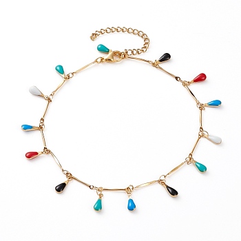 304 Stainless Steel Teardrop Charm Anklets, with Enamel and Bar Link Chains, Colorful, Golden, 9-7/8 inch(25cm)