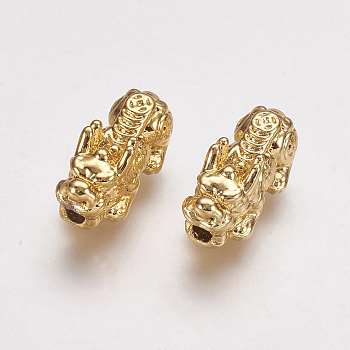Feng Shui Real 24K Gold Plated Alloy Beads, Pixiu with Chinese Character Cai, 15x7x7mm, Hole: 2mm