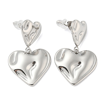 304 Stainless Steel Dangle Stud Earrings, Textured Heart, Stainless Steel Color, 31x19.5mm
