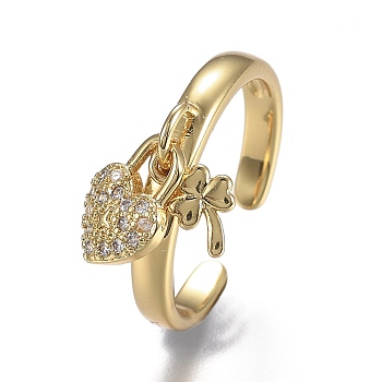 Adjustable Brass Micro Pave Clear Cubic Zirconia Cuff Rings, Open Rings, Long-Lasting Plated, Clover & Heart Lock, Real 18K Gold Plated, 3mm, Inner Diameter: 17.8mm