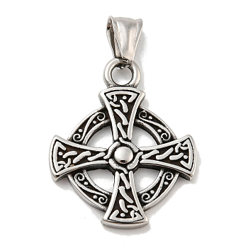 304 Stainless Steel Pendants, Flat Round with Cross, Antique Silver, 34x27x3mm, Hole: 5.5x6mm
