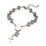 Tarnish Resistant Rosary Bead Bracelets with Cross, 201 Stainless Steel Bracelet for Easter, Oval with Virgin Mary, Stainless Steel Color, 9 inch(230mm)(BJEW-E282-01P)