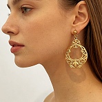 304 Stainless Steel Stud Dangle Earrings, Ring with Flower Pattern, Golden, 46x29mm(SA-G607-01G)