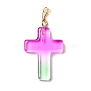 Two Tone Transparent Glass Pendants, with Golden Plated Iron Findings, Cross, Magenta, 28.5x18x4.5mm, Hole: 5.5x3mm(GLAA-A004-02A)