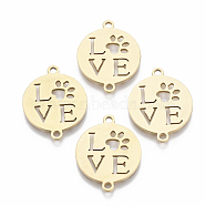 201 Stainless Steel Links connectors, Laser Cut, Flat Round with Word Love & Paw, Golden, 20.5x16x1mm, Hole: 1.5mm(STAS-R104-015G)
