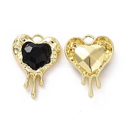 Rack Plating Alloy Glass Pendants, Cadmium Free & Lead Free & Nickle Free, Light Gold Tone Melting Heart Charms, Black, 24x17x5mm, Hole: 2.5mm(FIND-I037-21LG-03)