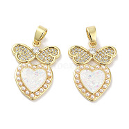 Brass Micro Pave Clear Cubic Zirconia Pendants, with Synthetic Opal and ABS Plastic Pearl, Real 18K Gold Plated, Heart Charms, Butterfly, 24x18x3mm, Hole: 5x3mm(KK-L213-017G-03)
